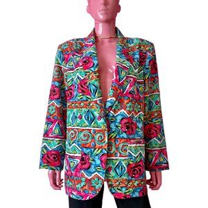 Vintage 80s 16 Blazer Colorful Abstract Floral Single Breasted Bold Suit Jacket